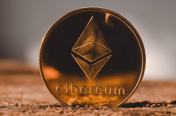 Ethereum coin close up. World cryptocurrency. Financial system of the future - Ukraine, Izmail 17.03.22 - Zdjęcie, obraz