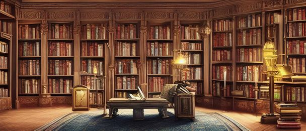 Ahşap raflar ve eski kitaplarla dolu güzel büyük bir kütüphanenin tasviri - Fotoğraf, Görsel