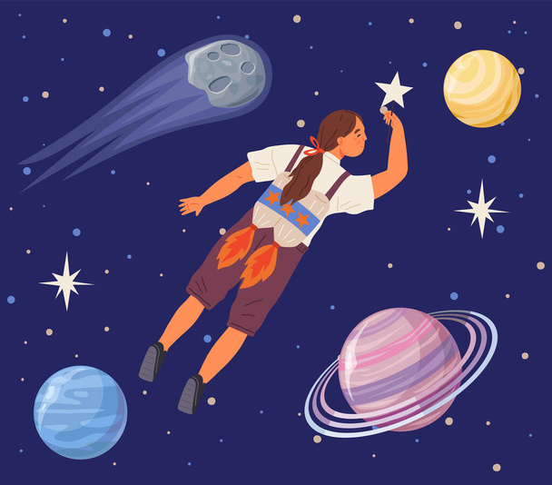 Space party vector female astronaut, cosmonaut, spaceship, comets, rocket, alien, UFO, sky and person flies in outer space, cosmic area, card or poster. Childrens drawings of starry sky and galaxy - Vektör, Görsel
