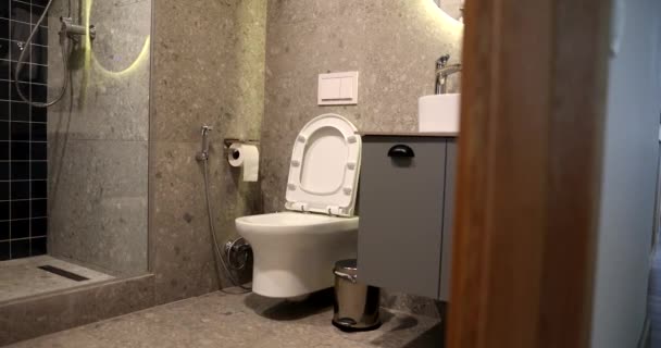Design del bagno lussuoso e minimalista nei toni del grigio. Bagno moderno e sanitari - Filmati, video