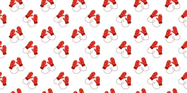 Bezešvý vzor s párem červených pletených rukavic se srdcem. Útulné vlněné rukavice pozadí. Zimní, vánoční nebo novoroční design pro scrapbooking nebo balení papíru. Vektorová plochá ilustrace - Vektor, obrázek