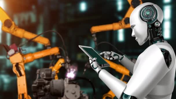 Cybernated industry robot and robotic arms for assembly in factory production . Concept of artificial intelligence for industrial revolution and automation manufacturing process . - Filmagem, Vídeo