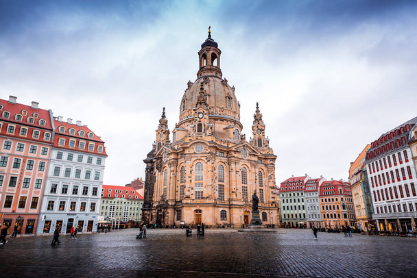 Dresden, Germany - December 19, 2021: Frauenkirche at Neumarkt, old town of Dresden, Saxony, Germany. The baroque structure features one of the largest domes in Europe. - Фото, изображение