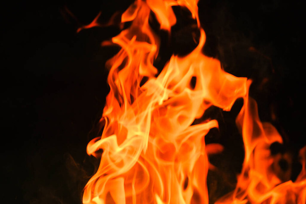  Vuur op een zwarte achtergrond.vurig behang. Vlamtongen, vonken van dichtbij. Brandhout brandend in kampvuur..  - Foto, afbeelding