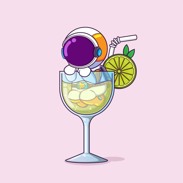 Az űrhajós megfagy a jeges citromos teában, és nem tud kimászni az illusztrációból. - Vektor, kép