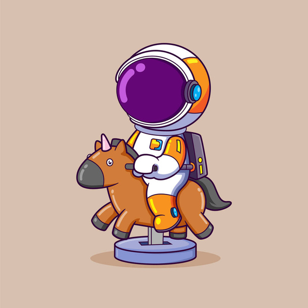 O astronauta está brincando com um brinquedo de cavalo com uma moeda para jogá-lo e tão feliz de ilustração - Vetor, Imagem