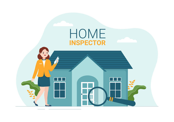 Инспектор по жилищным вопросам проверяет состояние дома и составляет акт на поиск квартиры по рисунку шаблона. - Вектор,изображение