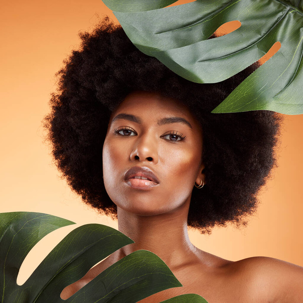 Beauty, skincare and palm leaf with a model black woman in studio on an orange background for health or wellness. Cosmetics, face and portrait with an attractive young female posing for natural care. - Photo, Image