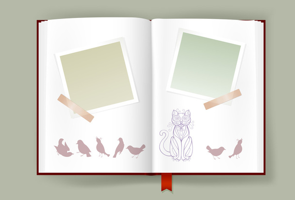 Opened Album With Blank Photo Frames And Funny Cat And Birds - Vector, Image