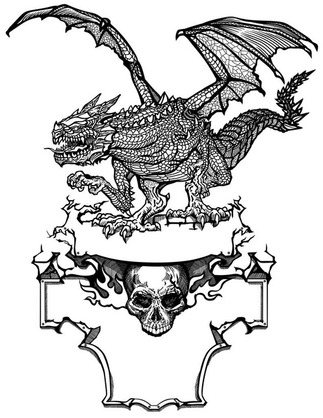 Středověký drak a hořící lidská lebka. Klasické evropské mytologické stvoření s otevřenými křídly netopýřího typu. Šablona návrhu. Izolovaná vektorová ilustrace grafického stylu - Vektor, obrázek