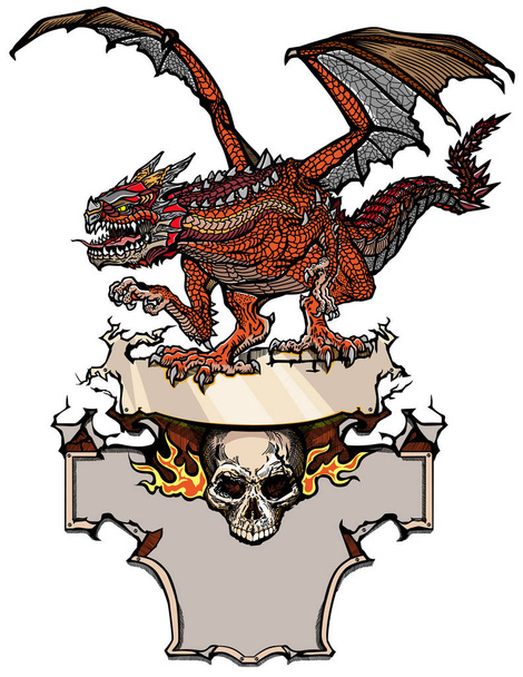 Medieval dragon and burning human skull. Classic European mythological creature with open bat-type wings. Design template. Graphic style isolated vector illustration - Vector, Image