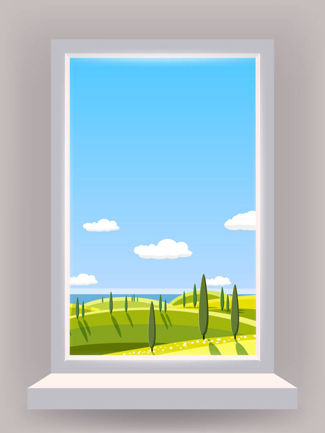 Интерьер окна, сельский пейзаж, сельская природа. Шаблон векторной иллюстрации - Вектор,изображение