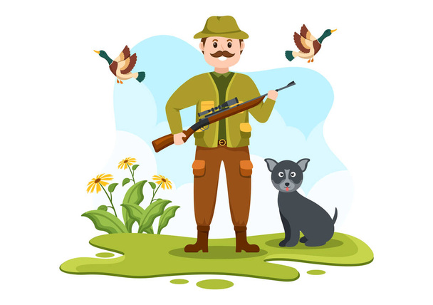 Κυνηγός με κυνηγετικό τουφέκι ή όπλο Σκοποβολή σε πουλιά ή ζώα στο δάσος σε επίπεδη Cartoon χέρι σχέδιο πρότυπο εικονογράφηση - Διάνυσμα, εικόνα