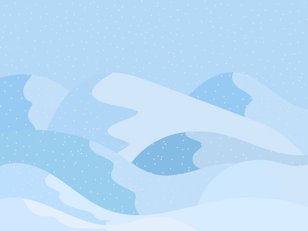 Winterlandschaft mit verschneiten Hügeln. Berglandschaft im flachen Stil, Winterkälte. Blick auf die verschneiten Hügel. Design für Plakate, Reisebüros und Werbeartikel. Vektorillustration - Vektor, Bild