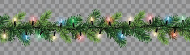 Vettore senza soluzione di continuità decorativa ghirlanda di Natale con rami di conifere e incandescente catena luce colorata su sfondo trasparente - Vettoriali, immagini
