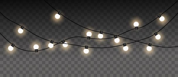Guirnalda de lámpara eléctrica brillante vectorial elemento de decoración de Navidad sobre fondo oscuro - Vector, imagen