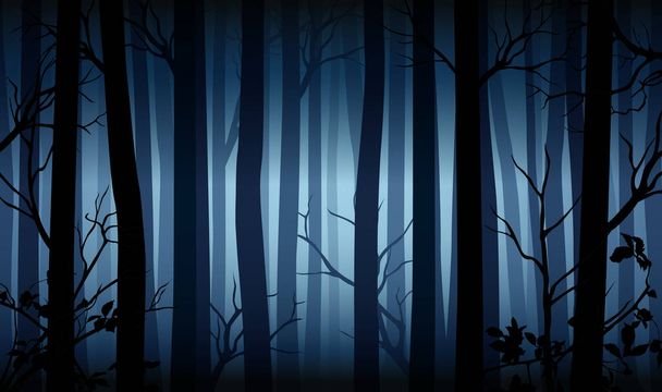 Vector blauw mysterieus donker boslandschap met silhouetten van bomen en takken  - Vector, afbeelding