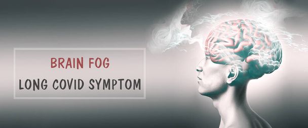Туман мозга, длинный ковидовый симптом, иллюстрация человека с мозгом, проблемы после болезни Ковида-19, проблемы со здоровьем - Фото, изображение