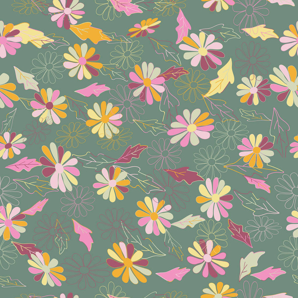 Daisy flowers silhouettes seamless pattern. Vintage style background. Perfect for bedding, textile, fabric, wallpaper and fashion print. - ベクター画像