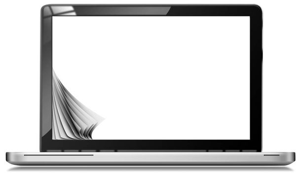 Boş ekran ve kıvrımlı sayfaları olan, beyaz arkaplanda izole edilmiş modern bir dizüstü bilgisayarın üç boyutlu çizimi, ön görünüm - Fotoğraf, Görsel
