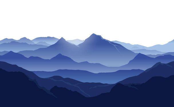 Paysage vectoriel avec des silhouettes bleues de montagnes avec brume et ciel blanc comme arrière-plan - Vecteur, image