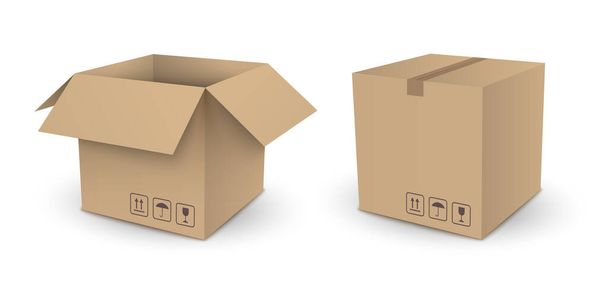 Vettore marrone cubo vuoto confezione scatola aperta e chiusa isolata su sfondo bianco - Vettoriali, immagini