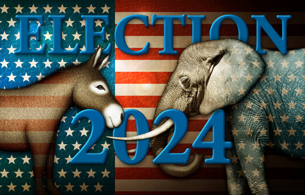 Elección 2024 título con un burro y un elefante contra un fondo de estrellas y rayas. - Foto, Imagen