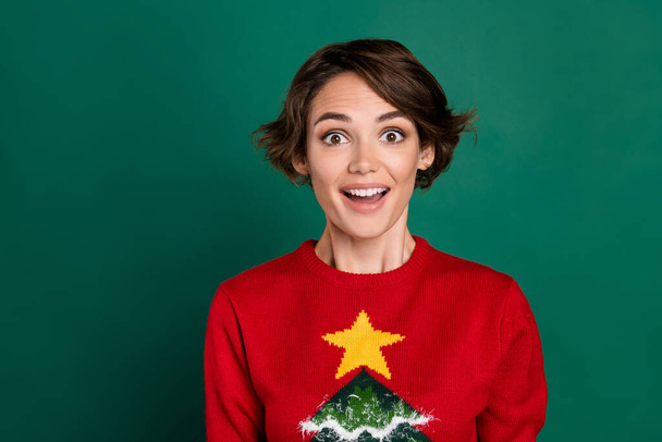 Photo of hooray brown hair millennial lady wear red ugly sweater isolated on green color background. - 写真・画像