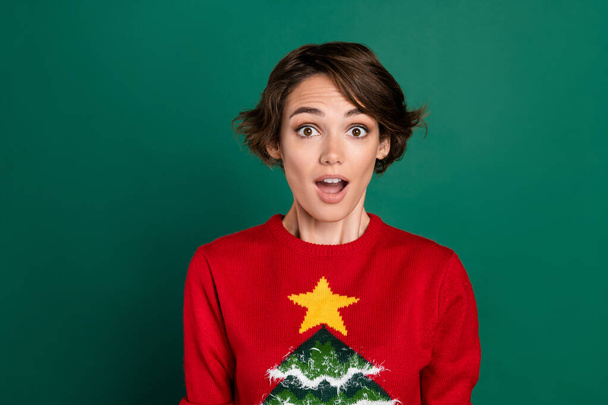 Photo of impressed brown hair millennial lady wear red ugly sweater isolated on green color background. - Fotografie, Obrázek