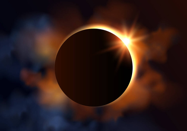 Hermosa ilustración de eclipse vectorial con rayos de luz amarilla y nubes en el cielo oscuro
 - Vector, imagen