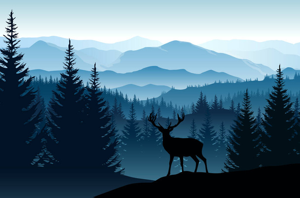 Vector paisaje azul con siluetas de montañas brumosas, bosques y ciervos - Vector, Imagen