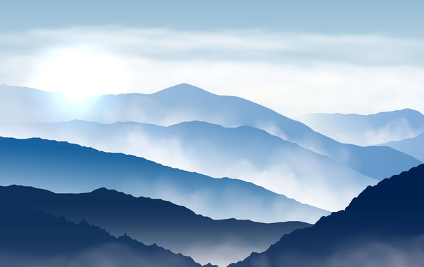 Vector blue beautiful foggy mountains with sun and clouds in the sky - Vector, Image