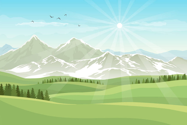Векторный яркий пейзаж с зелеными метеоритами, сороками, горами со снегом и сияющим солнцем в голубом небе - Вектор,изображение
