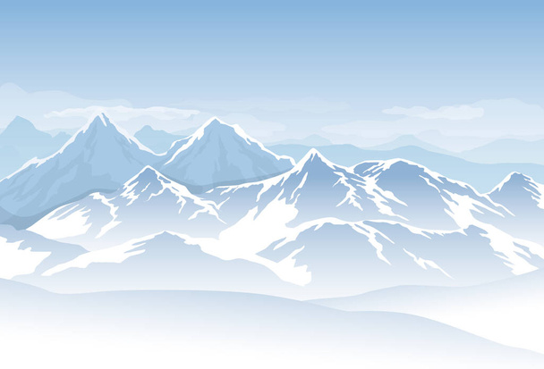 Vector blue cold misty mountains with snow and clouds in the sky - Vector, Image