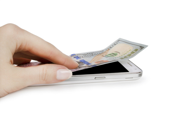 Älypuhelin, jossa seteli, mobiilimaksu, rahansiirto
 - Valokuva, kuva