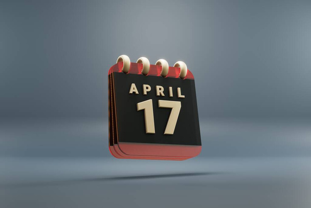 Standing black and red month lined desk calendar with date April 17. Modern design with golden elements, 3d rendering illustration. Blue gray background.	 - Foto, Imagem
