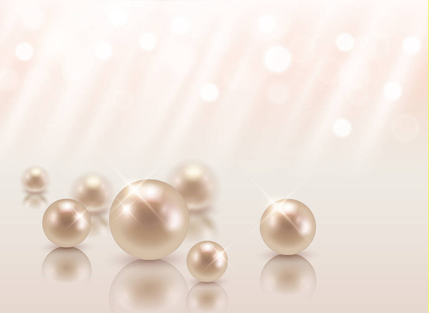 Vector beautiful group of shiny pearls on soft pink background with sparkles and light beams with copy space - Vector, Image