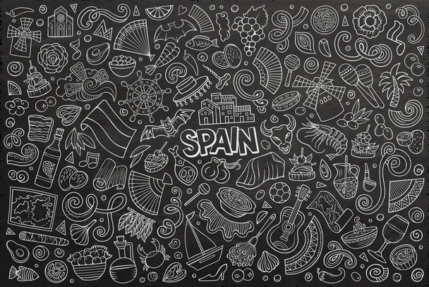 スペインのテーマアイテム、オブジェクトとシンボルの黒板ラスター手描きのドア漫画セット - 写真・画像