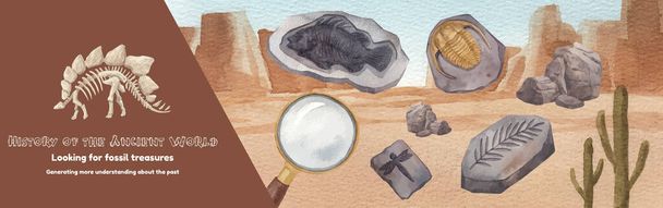 Facebook mainokset malli fossiilisten arkeologi käsite, akvarelli tyyli - Vektori, kuva