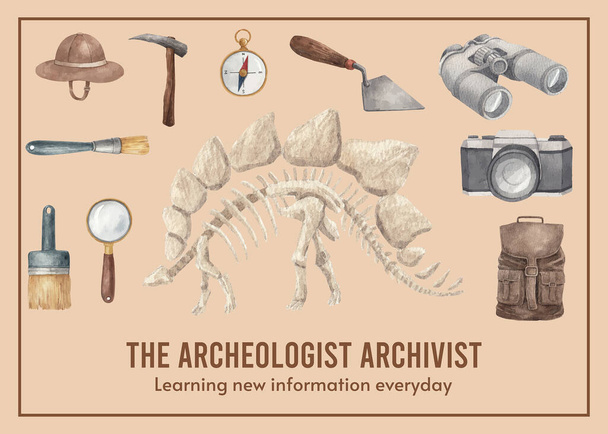 Modello di cartolina con concetto di archeologo fossile, acquerello styl - Vettoriali, immagini