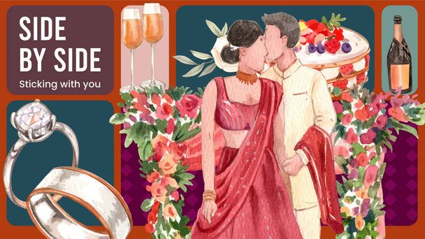 インドの結婚式のコンセプト、水彩スタイルとブログバナーテンプレート - ベクター画像