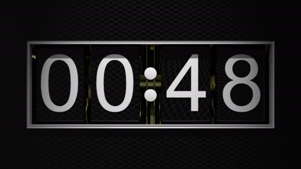 Visszaszámlálás 1 perctől 0 másodpercig, mechanikus óra bezárása a tárcsák mögötti fém fogaskerekekkel, négyzet alakú keret fekete háttér mellett. 3D animáció - Felvétel, videó