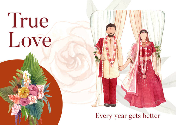 インドの結婚式のコンセプト、水彩風のポストカードテンプレート - ベクター画像