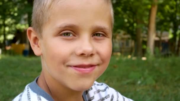 Portré egy aranyos boldog fiú 6-7 éves. A gyerek belenéz a kamerába, és néha mosolyog. A háttérben a városi park zöld fái - Felvétel, videó