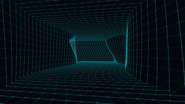 Sala de fallos de marco de alambre 3D en el fondo azul. Rejilla de perspectiva vectorial. Caja con espacio digital. - Vector, imagen