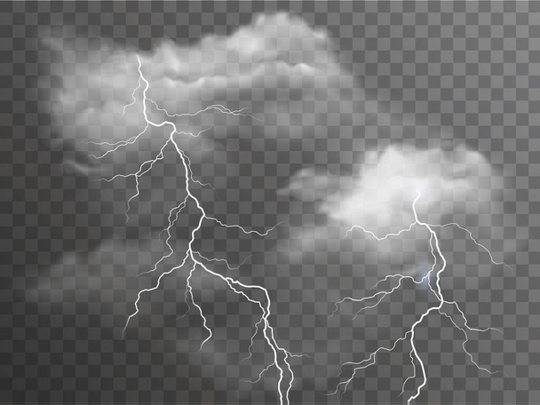 Vector realistic stormy clouds with lightning effects isolated on dark background - Vector, Image