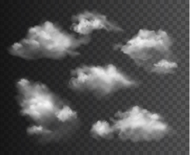 Karanlık arka planda izole edilmiş gerçekçi yumuşak şeffaf bulutların vektör koleksiyonu - Vektör, Görsel