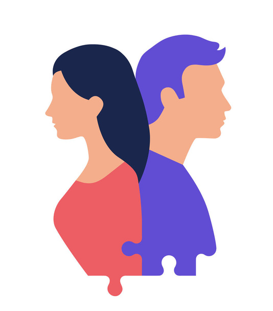 Ilustración vectorial de una pareja con piezas de rompecabezas: compatibilidad, asesoramiento matrimonial, icono de terapia de pareja - Vector, imagen