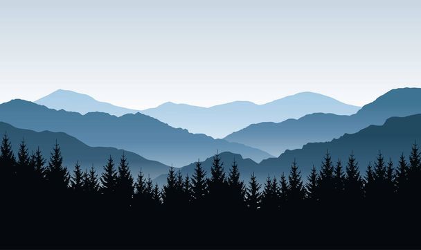 Векторный голубой панорамный пейзаж с силуэтами гор и лесов - Вектор,изображение