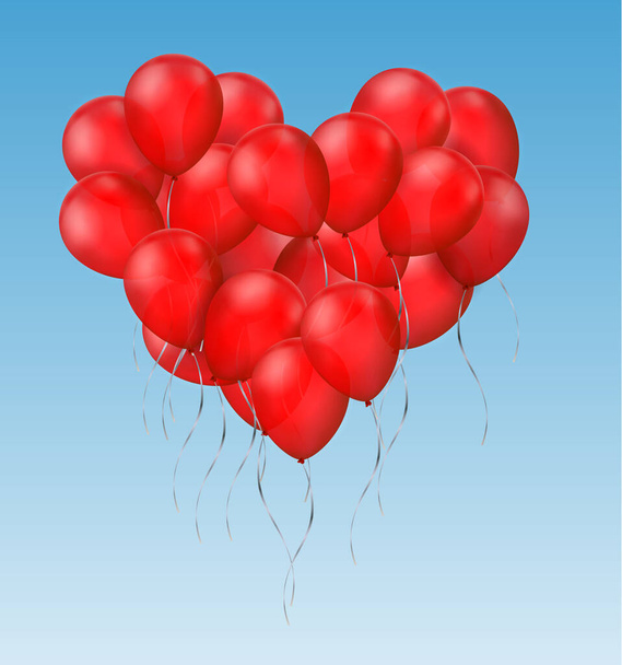 Vector realistic group of red shiny balloons in shape of heart flying on blue sky - Vektor, Bild